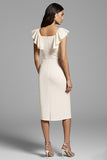 Ivory Bodycon Midi Square Neck Satin Work Dress with Ruffles