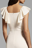 Ivory Bodycon Midi Square Neck Satin Work Dress with Ruffles
