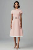 Pink Satin Bateau Neck A Line Midi Work Dress with Belt