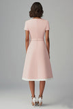 Pink Satin Bateau Neck A Line Midi Work Dress with Belt