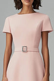 Pink Satin Bateau Neck A Line Midi Work Dress with Belt