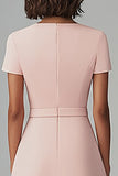 Pink Satin Bateau Neck A Line Midi Work Dress with Belt