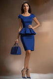 Satin Bodycon Dark Blue Short Work Dress with Ruffles