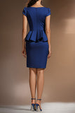 Satin Bodycon Dark Blue Short Work Dress with Ruffles