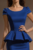 Satin Bodycon Dark Blue Short Work Dress with Ruffles