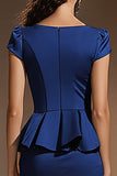 Satin Bodycon Dark Blue Short Work Dress with Ruffles