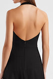 Satin Halter A Line Backless Maxi Black Tie Dress