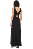 Satin A Line V-Neck Cut Out Maxi Black Tie Dress