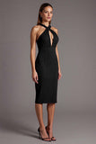 Black Halter Keyhole Satin Bodycon Midi Cocktail Dress