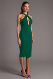 Black Halter Keyhole Satin Bodycon Midi Cocktail Dress