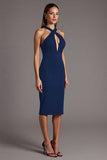 Black Halter Keyhole Satin Bodycon Midi Cocktail Dress