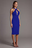 Black Halter Keyhole Satin Bodycon Midi Cocktail Dress