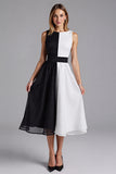 Black and White Patchwork Scoop Chiffon A Line Midi Cocktail Dress