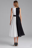 Black and White Patchwork Scoop Chiffon A Line Midi Cocktail Dress