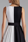Black and White Patchwork Scoop Chiffon A Line Midi Cocktail Dress