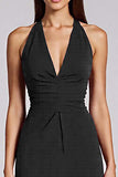 Halter Black Satin Bodycon Backless Midi Cocktail Dress