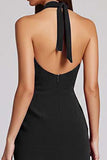 Halter Black Satin Bodycon Backless Midi Cocktail Dress