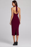 Halter Black Satin Bodycon Backless Midi Cocktail Dress