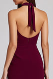 Halter Black Satin Bodycon Backless Midi Cocktail Dress