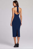 Halter Black Satin Bodycon Backless Midi Cocktail Dress