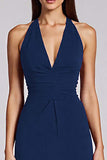 Halter Black Satin Bodycon Backless Midi Cocktail Dress