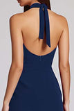 Halter Black Satin Bodycon Backless Midi Cocktail Dress