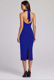 Halter Black Satin Bodycon Backless Midi Cocktail Dress
