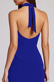 Halter Black Satin Bodycon Backless Midi Cocktail Dress