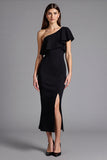 Satin One Shoulder Bodycon Midi Black Tie Dress with Slit