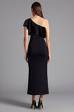 Satin One Shoulder Bodycon Midi Black Tie Dress with Slit