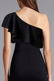 Satin One Shoulder Bodycon Midi Black Tie Dress with Slit