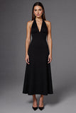 Elegant Satin A Line Halter Backless Long Black Tie Dress
