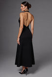 Elegant Satin A Line Halter Backless Long Black Tie Dress