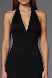 Elegant Satin A Line Halter Backless Long Black Tie Dress