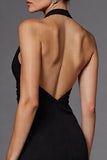 Elegant Satin A Line Halter Backless Long Black Tie Dress