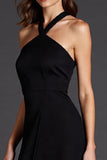 Black Halter A Line Satin Midi Cocktail Dress with Slit