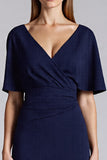 Navy Satin V-Neck Bodycon Midi Cocktail Dress with Sleeves