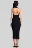 Black Satin Halter Bodycon Keyhole Backless Midi Cocktail Dress