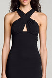 Black Satin Halter Bodycon Keyhole Backless Midi Cocktail Dress