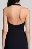 Black Satin Halter Bodycon Keyhole Backless Midi Cocktail Dress