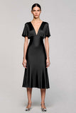 Black V-Neck Satin A Line Midi Cocktail Dress with Sleeves