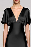 Black V-Neck Satin A Line Midi Cocktail Dress with Sleeves