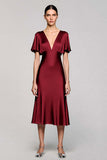 Black V-Neck Satin A Line Midi Cocktail Dress with Sleeves