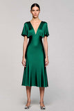 Black V-Neck Satin A Line Midi Cocktail Dress with Sleeves