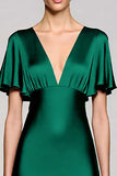 Black V-Neck Satin A Line Midi Cocktail Dress with Sleeves