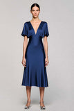 Black V-Neck Satin A Line Midi Cocktail Dress with Sleeves
