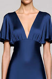 Black V-Neck Satin A Line Midi Cocktail Dress with Sleeves