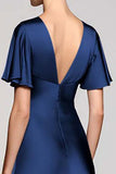 Black V-Neck Satin A Line Midi Cocktail Dress with Sleeves