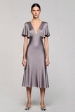 Black V-Neck Satin A Line Midi Cocktail Dress with Sleeves
