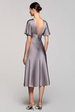 Black V-Neck Satin A Line Midi Cocktail Dress with Sleeves